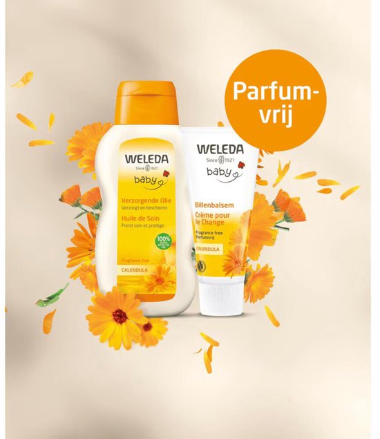 WELEDA Baby verzorgende olie en billenbalsem, omringd door oranje goudsbloemen. "Parfum-vrij" staat in een gele cirkel.