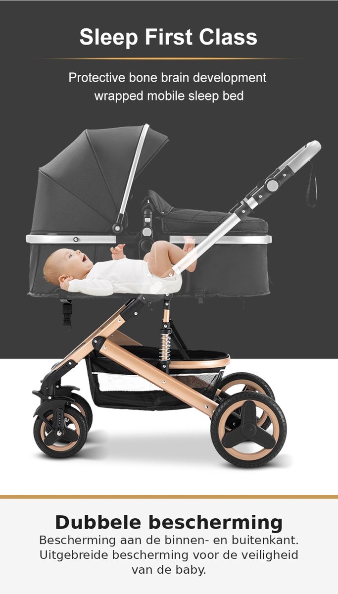 Luxe Kinderwagen 3-in-1 – Opvouwbare Baby Kinderwagen – Hoge Kinderwagen voor Pasgeboren Baby’s – Reiswieg en Wandelwagen – Draagbaar en Compact thumbnail 5