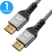 DisplayPort kabel van 1 meter met 8K Ultra HD ondersteuning. Grijze gevlochten kabel met gouden connectoren.