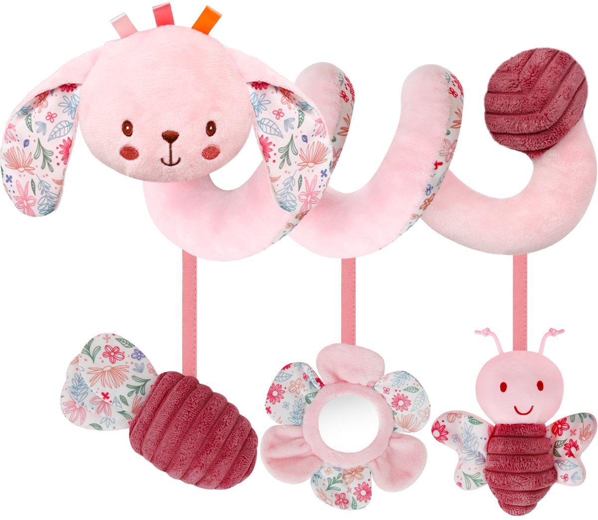 COOAU - Boxspiraal Baby Speelgoed - Pluchen Knuffel met Rammelaar voor Kinderwagen, Autostoel & Buggy - Sensorisch Speelgoed voor Baby's van 0-6 Maanden - Unisex - Zacht & Veilig - Roze Konijn