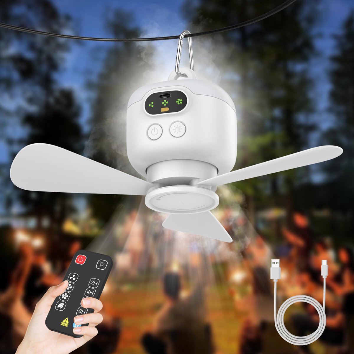 Namajunas - Plafondventilator met verlichting - 8000 mAh oplaadbaar - LED lamp met afstandsbediening - Stille ventilator met 3 snelheden - Draagbare hanglamp geschikt voor tent, paviljoen, terras en camper - Camping lamp - Tentlamp