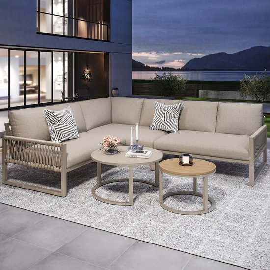 Loungeset Tuin 6-7 Personen - Modulaire Hoekbank Beige Met Tafels