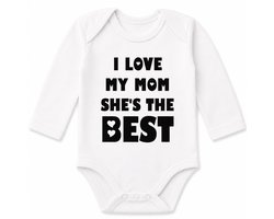 Baby Romper unisex tekst cadeau eerste moederdag mama I love my mom she is the best | Lange mouw | wit | maat 50/56 | zwangerschap aankondiging mama 's liefste worden voor verjaardag I love allerliefste  kind baby tekst mijn is de allerbeste beste