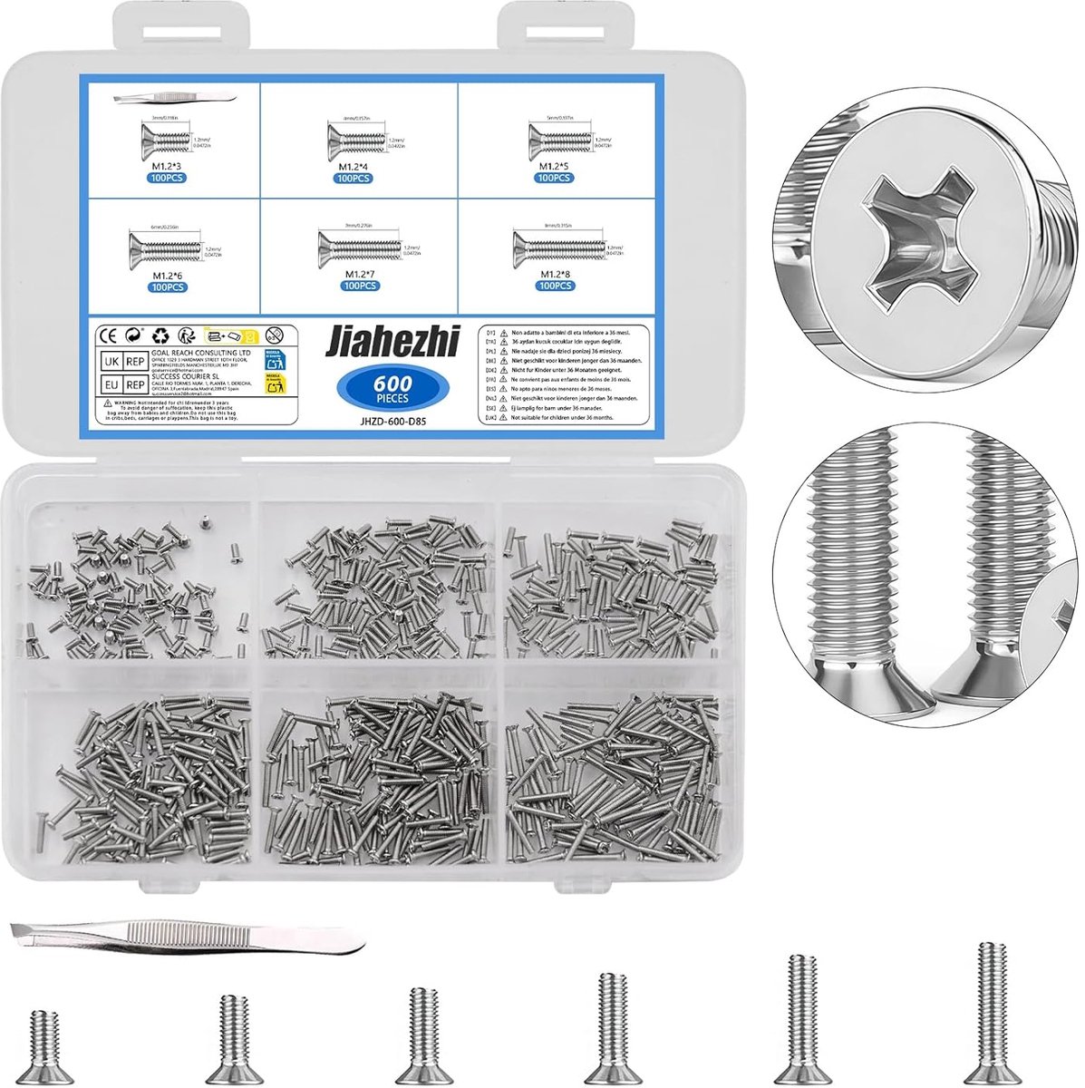 Mini Schroeven Set - Precisie Bevestigers - Kleine Reparaties - Verzonken Platte Kop - 600 Stuks - Zilver