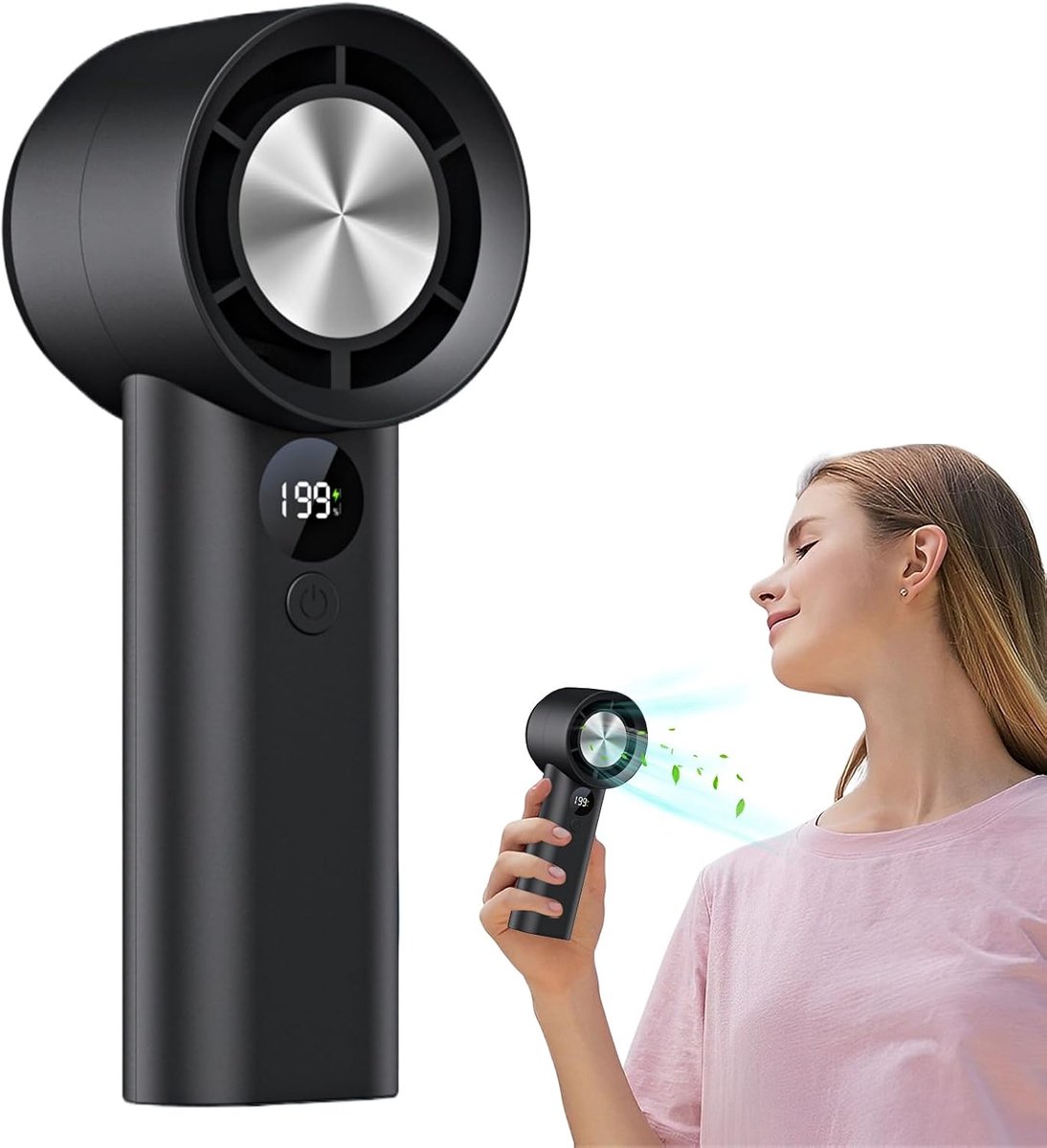 Oplaadbare handventilator - Persoonlijke koeler - Koel blijven - Digitaal display - 156 cm - Zwart