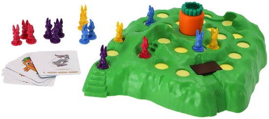 Bunny Hop spelonderdelen: groen speelbord, kleurrijke konijnen en kaarten.
