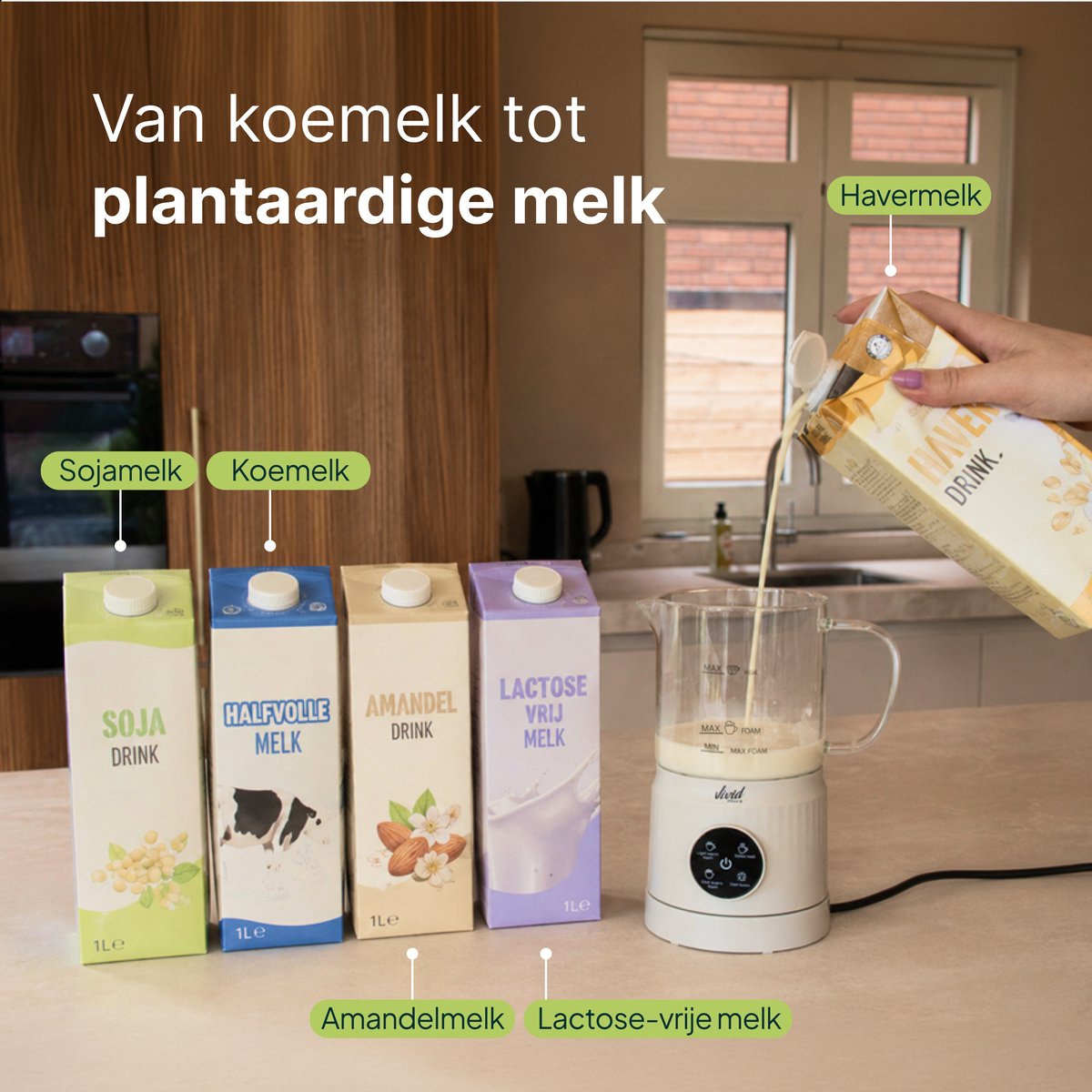 Vivid Green Melkopschuimer Glas - PFAS-vrij - 4-in-1 - 400 ml - Creme - Glazen Melkopschuimer Elektrisch - Warm & Koud Schuim - Melkklopper voor Cappuccino — cadeau in Kookcadeaus - foto 5