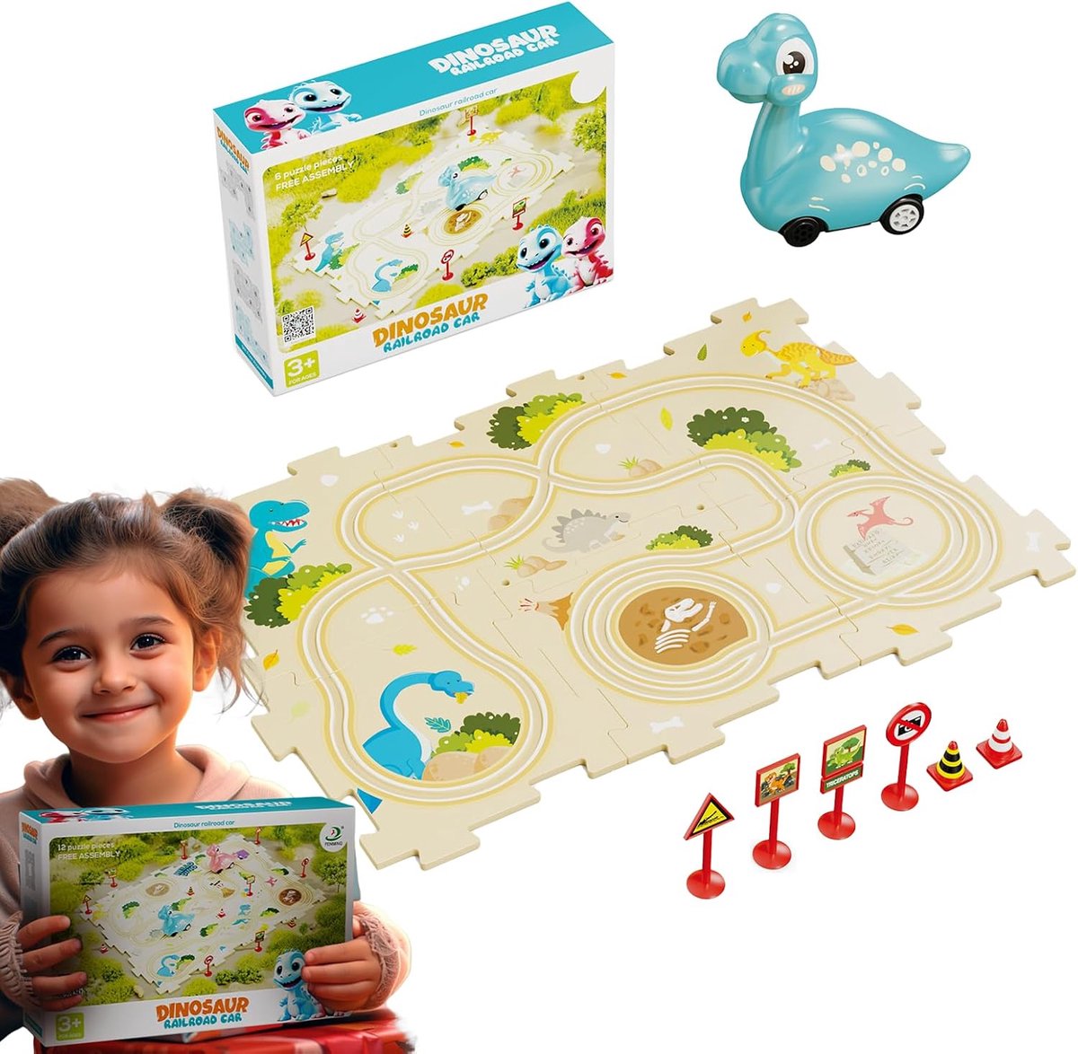 Puzzel Racebaan - Dinosaurus Auto Baan - Kinderen Spelen - Gladde Veiligheidsranden - 14 Stuks - Multicolor