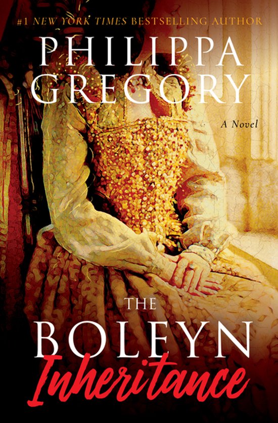 Boekomslag van 'The Boleyn Inheritance' met een vrouw in een rijke, gouden jurk en de titel van het boek.