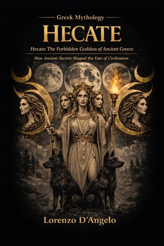 Boekomslag: Griekse mythologie, Hecate, de verboden godin. Met Hecate en twee honden, drie manen en fakkel.