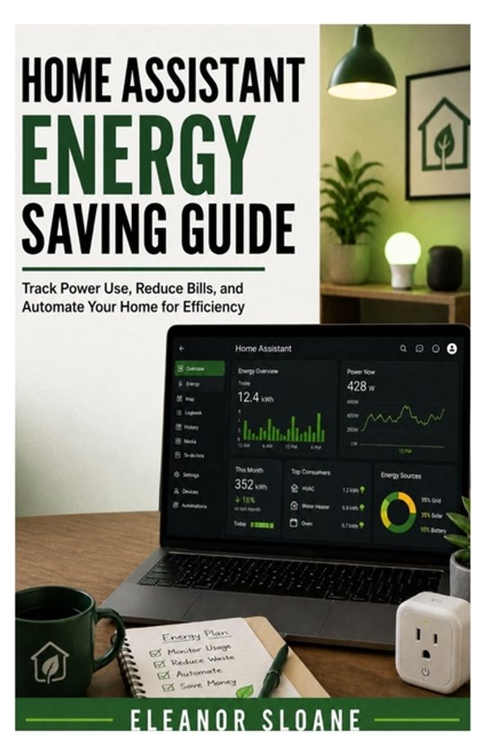 Guide d'économie d'énergie Home Assistant livre avec ordinateur portable, carnet, stylo, tasse et prise intelligente.
