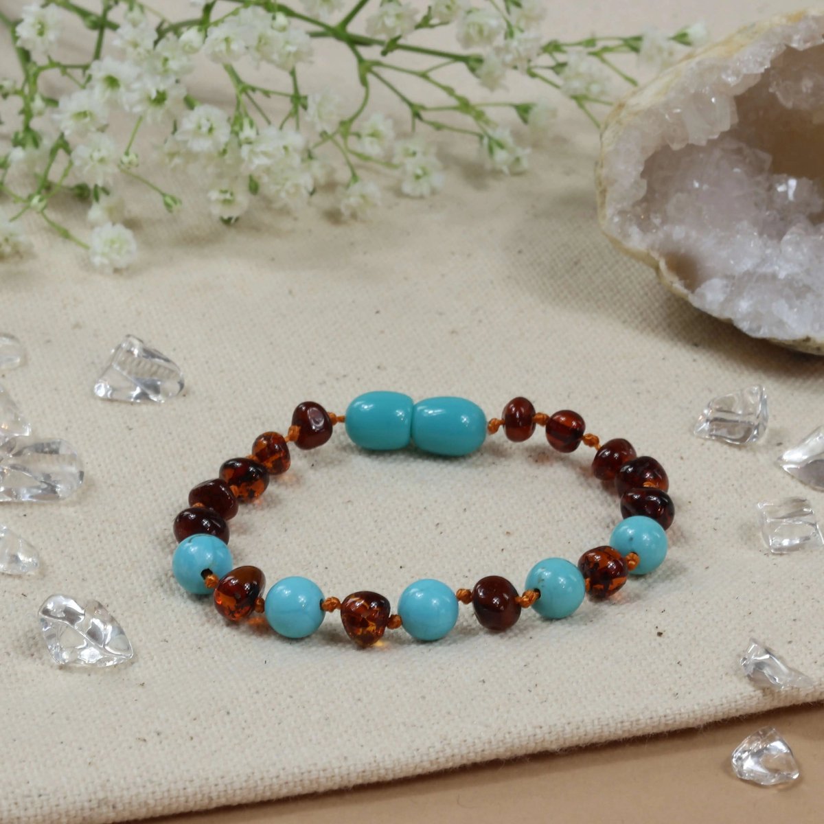 Baby Natura - Barnsteen Armband - Baby/peuter - Cognac - Turquoise - 14 cm