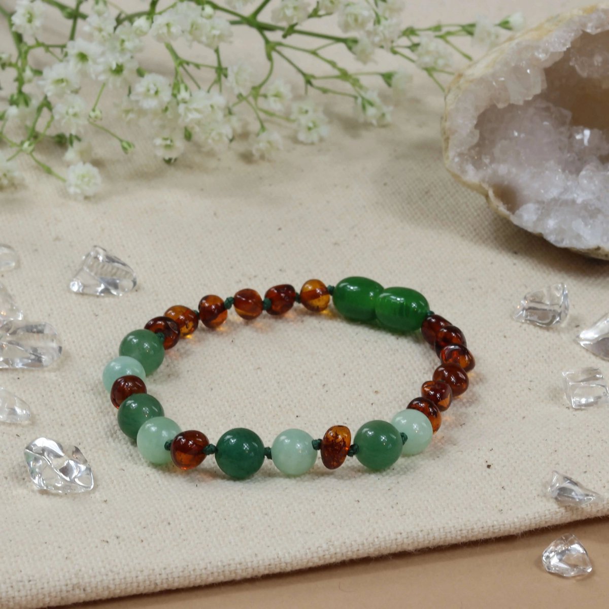 Baby Natura - Barnsteen Armband - Kind - Cognac - Green Jade - 16,5 cm