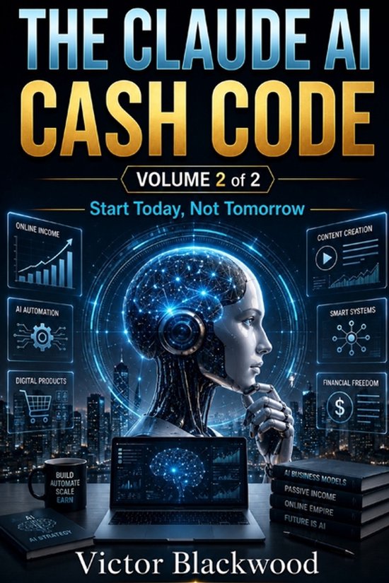 Boekomslag: The Claude AI Cash Code, deel 2 van 2. Cybernetische figuur tegen een skyline met tech-iconen en laptop.