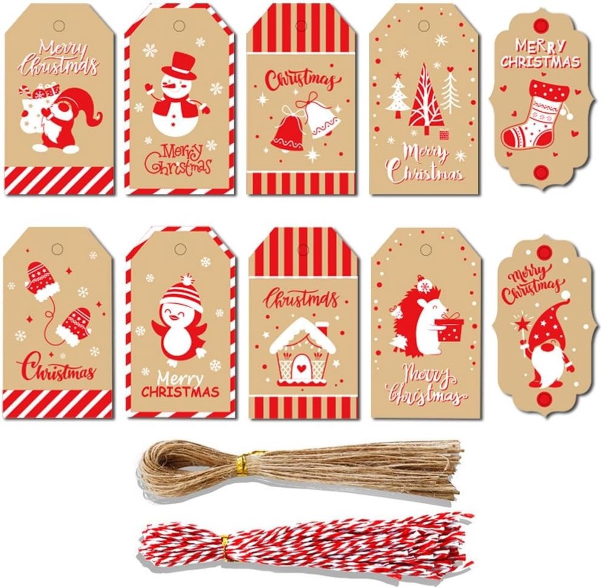 Set van 100 Kerst Cadeautags van Kraftpapier, Duurzame Kerstlabels voor Geschenkverpakking en Decoratie