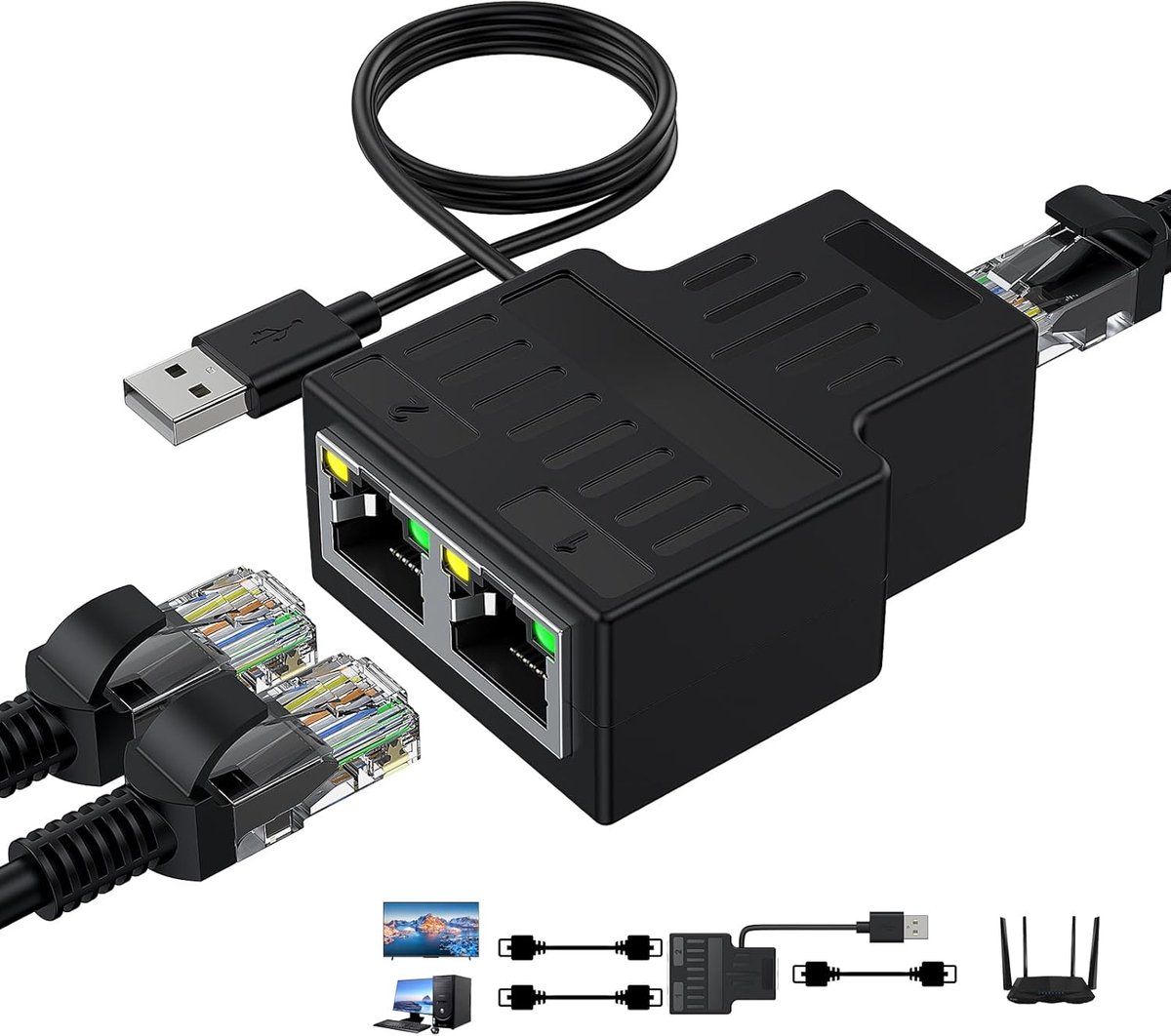 Ethernet Splitter - Netwerk Splitter - Internet Delen - 1 In 2 Uit - 100 Mbps - Zwart