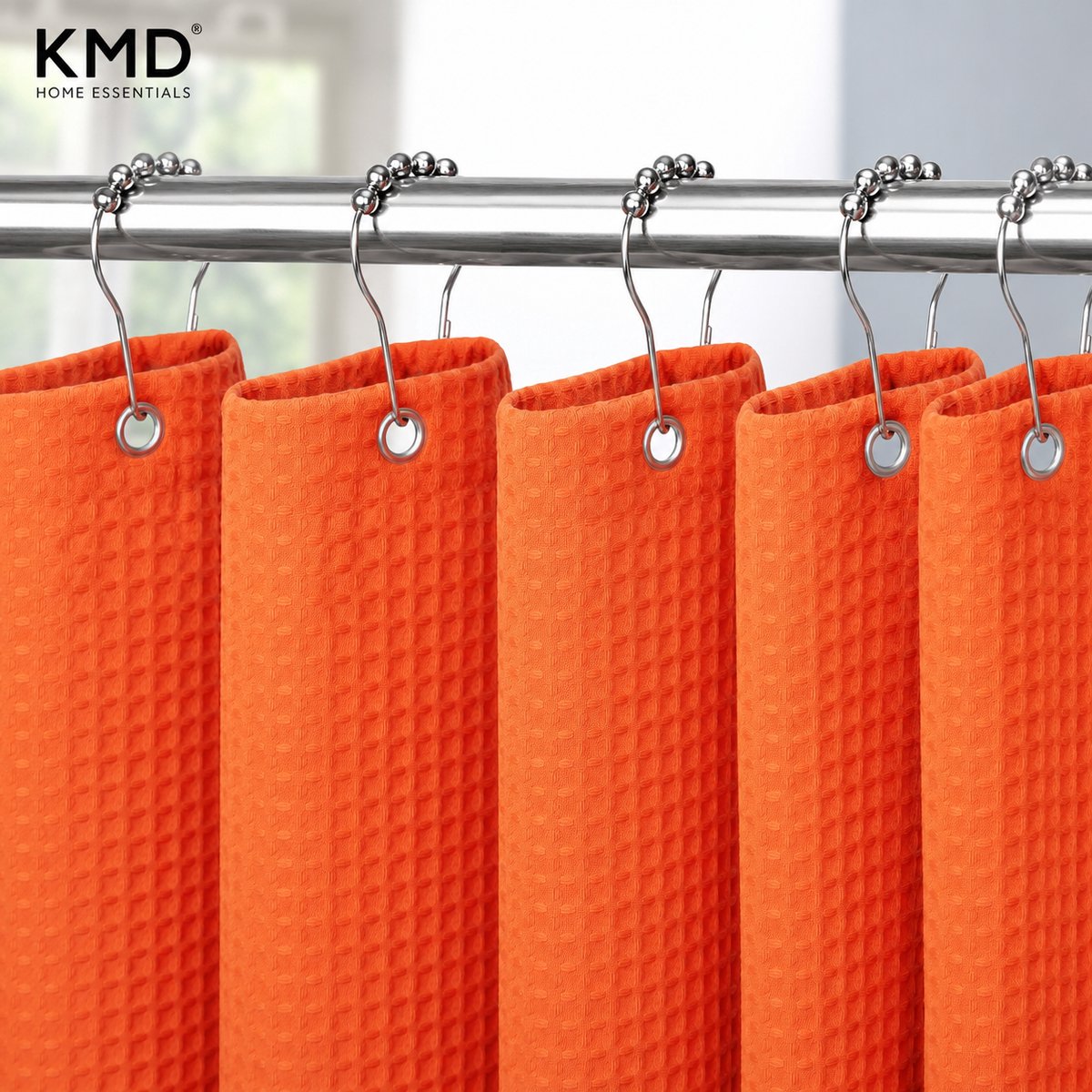 KMD Douchegordijn Wafelstof Waterdicht 182 x 198 cm - Anti-schimmel Badgordijn met Metalen Ringen - Oranje