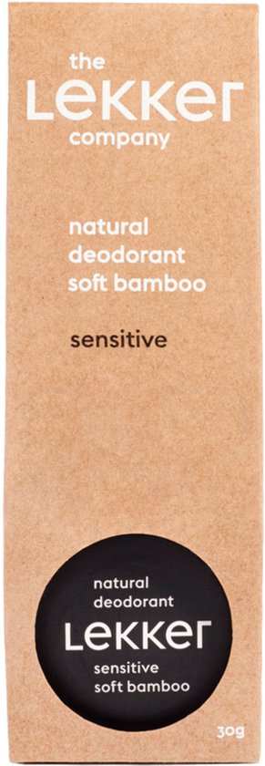 Kartonnen verpakking met 'the Lekker company', 'natural deodorant soft bamboo sensitive' en '30g'.