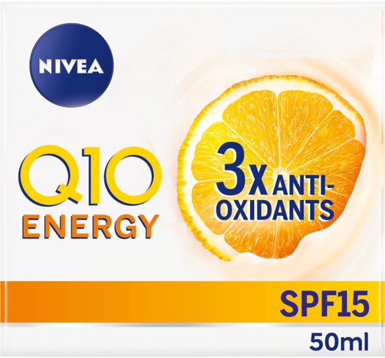 Nivea Q10 Energy dagcrème verpakking met een sinaasappelschijfje en de tekst 3x antioxidanten SPF 15.