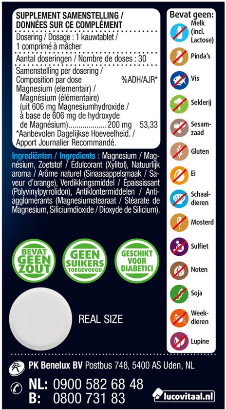 Gedetailleerde productinformatie, ingrediënten en allergenen van Lucovitaal Pure Marine Magnesium Kauwtabletten. Echt formaat tablet.