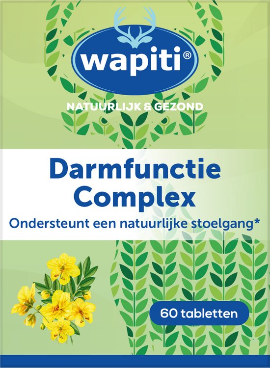 Doosje Wapiti Darmfunctie Complex met 60 tabletten, groene achtergrond met bladeren en gele bloemen.