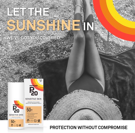 Gevoelige huid met P20 Sensitive zonbescherming op een handdoek liggend.