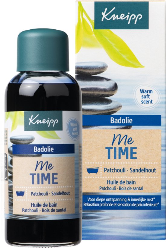 Kneipp Badolie Me-Time Patchouli Sandelhout fles en verpakking. "Warm soft scent".