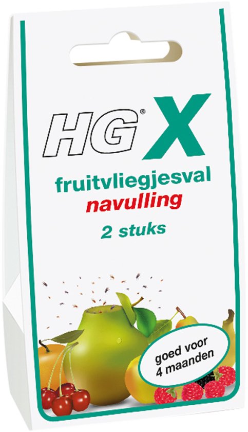 HGX fruitvliegjesval navulling, 2 stuks, met afbeelding van fruit en vliegen.
