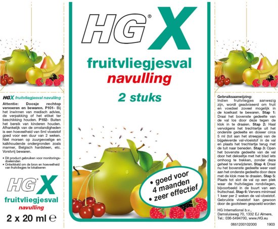 HGX fruitvliegjesval navulling, 2 stuks, met afbeelding van fruit en gebruiksaanwijzing.