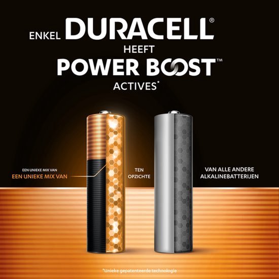 Duracell Power Boost batterij met een unieke mix van goudkleurige hexagon-elementen, naast een grijze batterij.