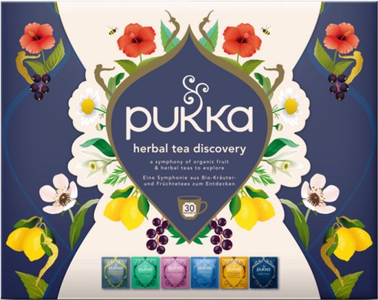Pukka kruidenthee discovery box met 30 theezakjes en botanische print.