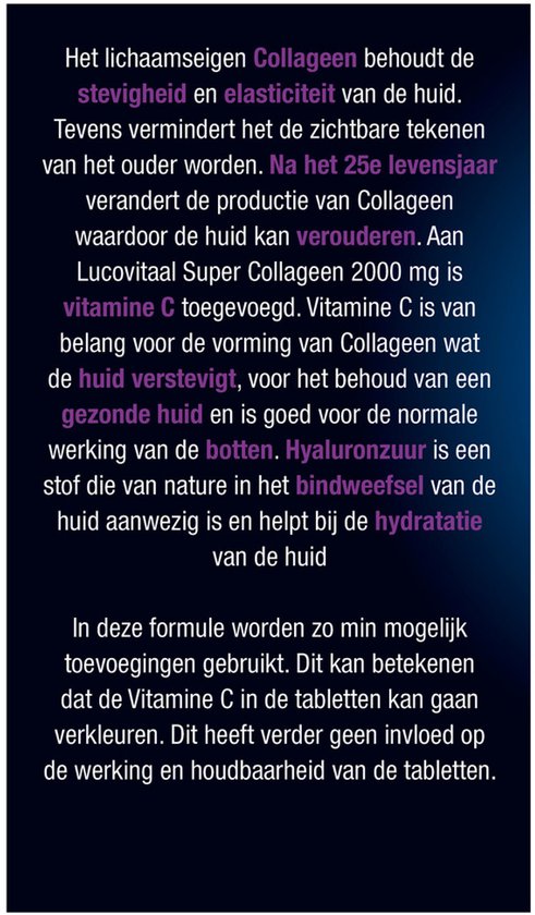 Ingrediëntendeclaratie voor Lucovitaal Super Collageen 2000 mg tabletten.