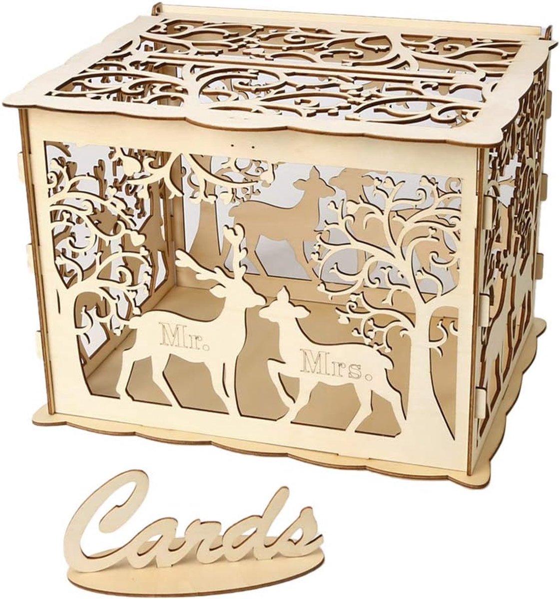 Bruiloftskaartendoos - Houten geschenkdoos - Geld en kaarten bewaren - Holle houtsnede decoratie - 30 x 24 x 22.5 cm