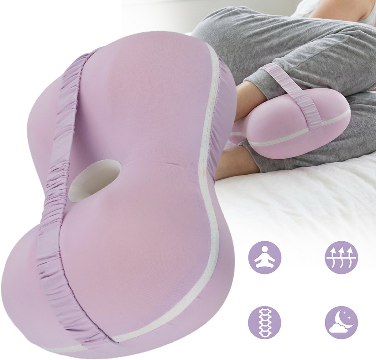 Kniekussen Van Traagschuim Voor Zijslapers - Ergonomische Vorm Verkoelende Ijzijde - Afneembare En Wasbare Hoes - 25x20x14cm - Roze-Paars