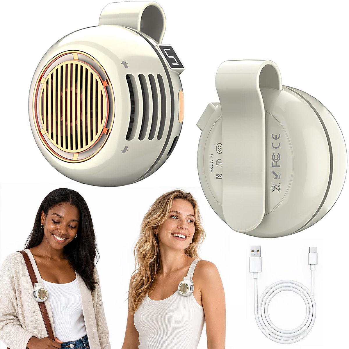 Ryoudavell - Mini-Clip On Ventilator - 2 Stuks – Ultra-Licht 2.8oz – 5 Standen – Draagbaar - Draadloze – Kleine Ventilator voor Overhemd – Bladloze ventilator - Nek Ventilator - Tailleventilator - Aircooler – Geschikt voor Reizen, Buiten, Kantoor
