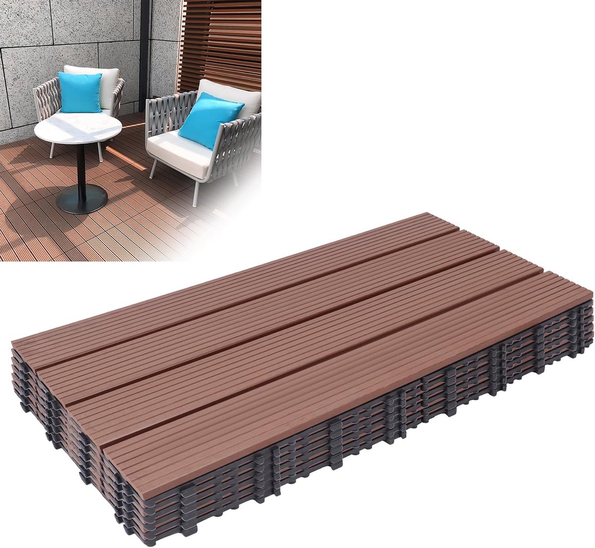Hout Kunststof Tegels - Balkon vloer - Buiten Leven - Kliksysteem Drainage - 30 x 60 cm - Bruin