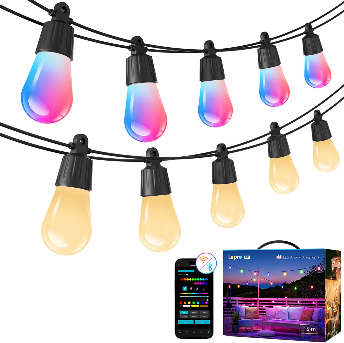 LEPRO ZB1 AI Lichtsnoer Buiten 15m - Slimme Prikkabel met WiFi - 50 LED Lampjes Dimbaar - Feestverlichting voor Tuin en Terras