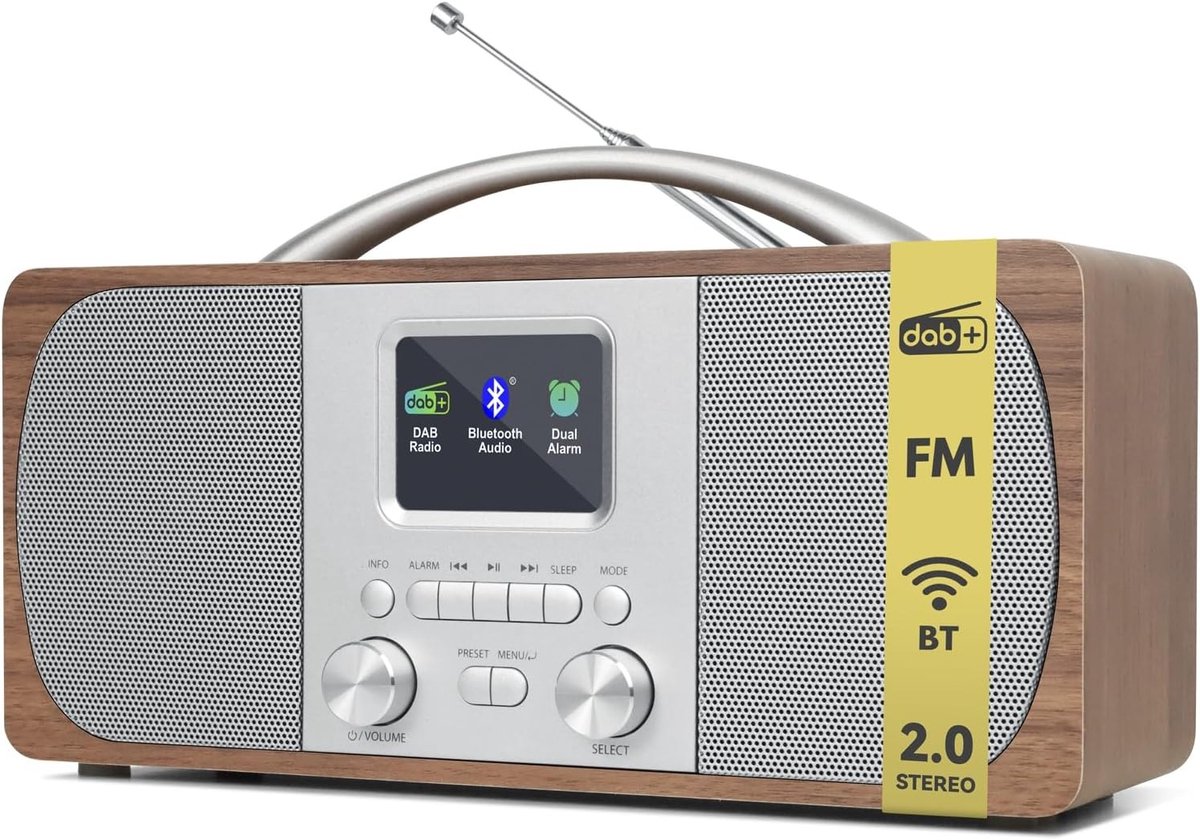 DAB-radio met netvoeding - Houten behuizing - Bluetooth functie - Dubbel alarm - Voor thuisgebruik