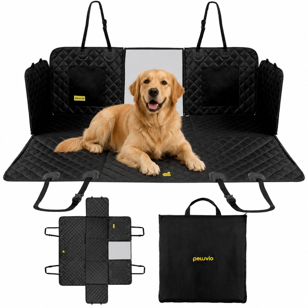 Peluvio Elda Hondendeken Auto Achterbank – Verstevigd Platform – Autohoes Hond – 360° Bescherming – Waterbestendig – Gaasvenster – Veiligheidsgordel – Wasbaar – Incl. Draagtas