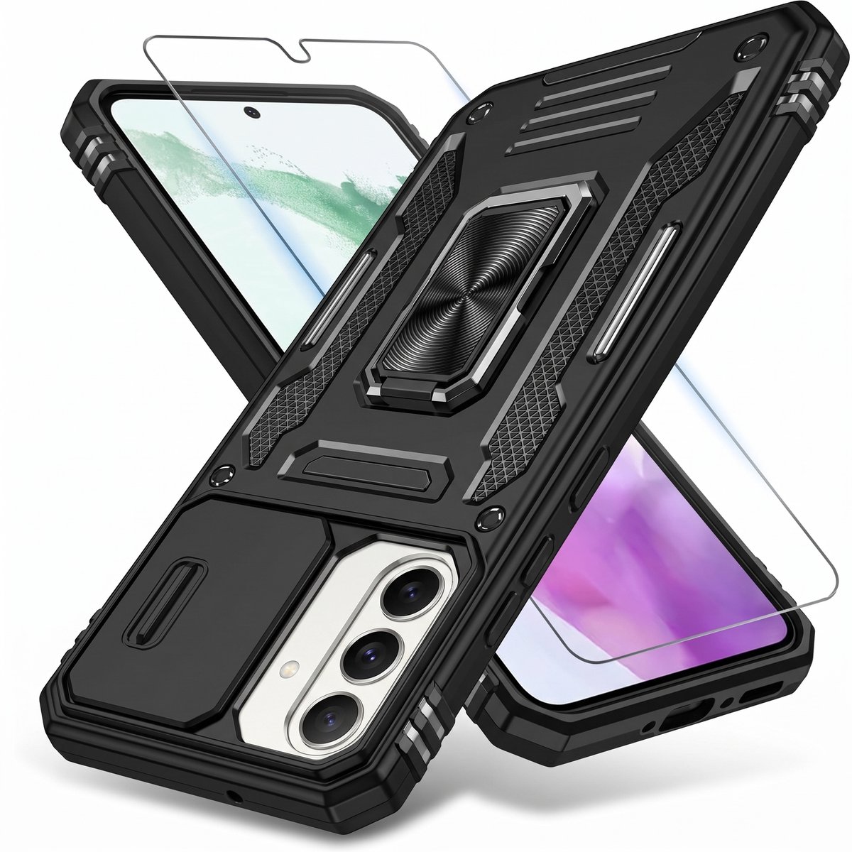 Podec Hoesje geschikt voor Samsung Galaxy A57 - Zwart Telefoonhoesje - Anti-Shock Case Cover - Hybrid Armor Hoes met Kickstand Ring met Screenprotector