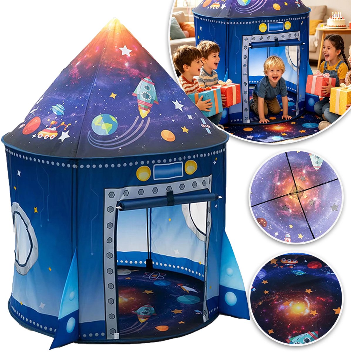 Opklapbare Rakettent Voor Kinderen - Grote Binnenspeeltent, Direct Op Te Zetten - Draagbare Buitenspeeltent Voor Jongens En Meisjes - Blauw 135x100cm