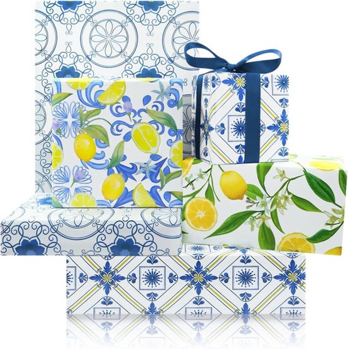 Inpakpapier Blauw Citroenen Vintage Blauw en Wit - Inovra Plus