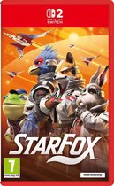 Star Fox game cover met Fox, Falco, Peppy en Slippy die stoer poseren met vliegtuigen op de achtergrond.