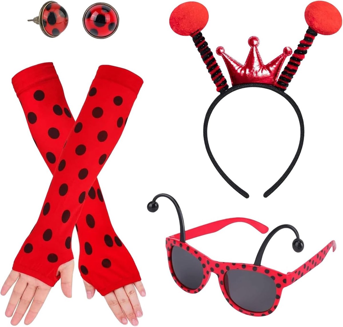 Vrouwelijk Lieveheersbeestje Kostuum met Haarband, Bril en Vingerloze Handschoenen voor Feestjes en Carnaval, Perfect voor Cosplay en Themapartijen