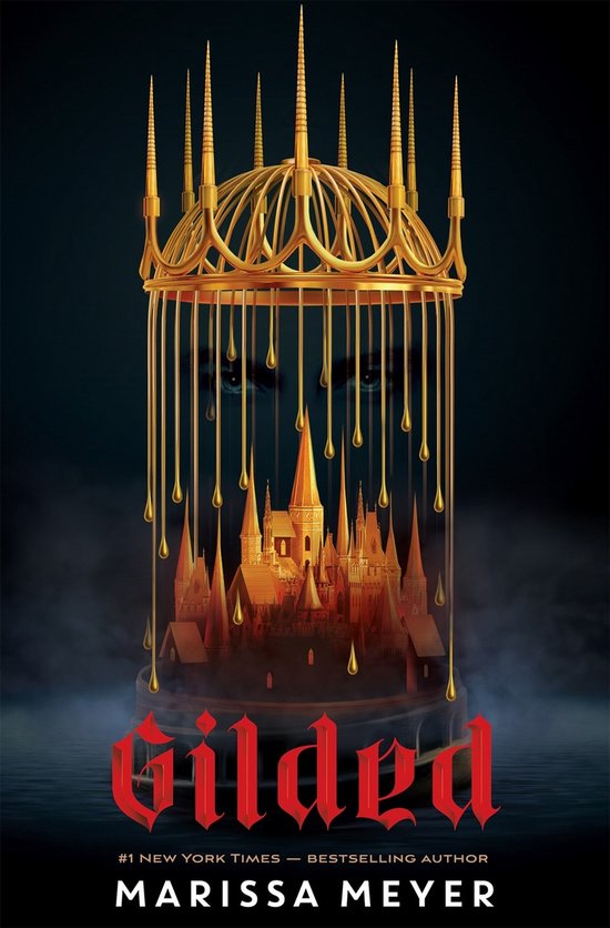 Boekomslag van 'Gilded' met een gouden kooi-achtig kroon met een kasteel erin en een gezicht erachter.