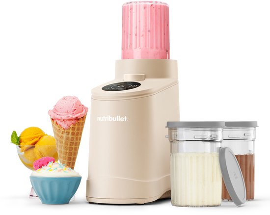 Beige Nutribullet met ijs, sorbet en smoothie.
