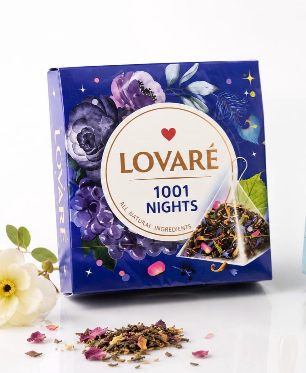 ovaré 1001 Nights Thee 15 Piramide Theezakjes – Luxe Zwarte & Groene Thee – Druiven Aroma, Appel & Rozenbloemen – Premium Cadeauthee