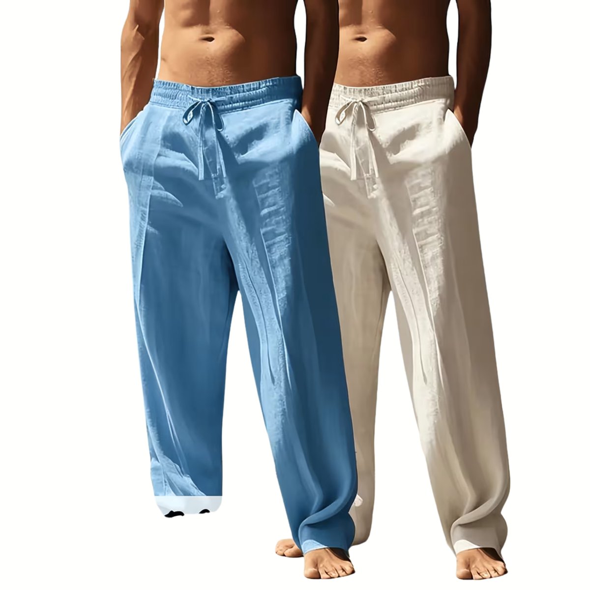 Currero Linnen Broek Heren Zomerbroek Volwassenen Lange Broek Pantalon Strandbroek Zomer Ibiza Stijl + Hemelsblauw + Abrikoos
