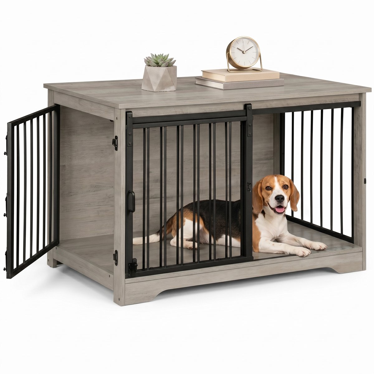 Aiverig® Hondenbench Hout Meubel – met Schuifdeur & Zijdeur – Hondenhok voor Binnen & Hondenkooi – Krasvrije Poten & Anti-knaag Sloten – Voor Middelgrote Honden – Grijs – 100×60×68 CM