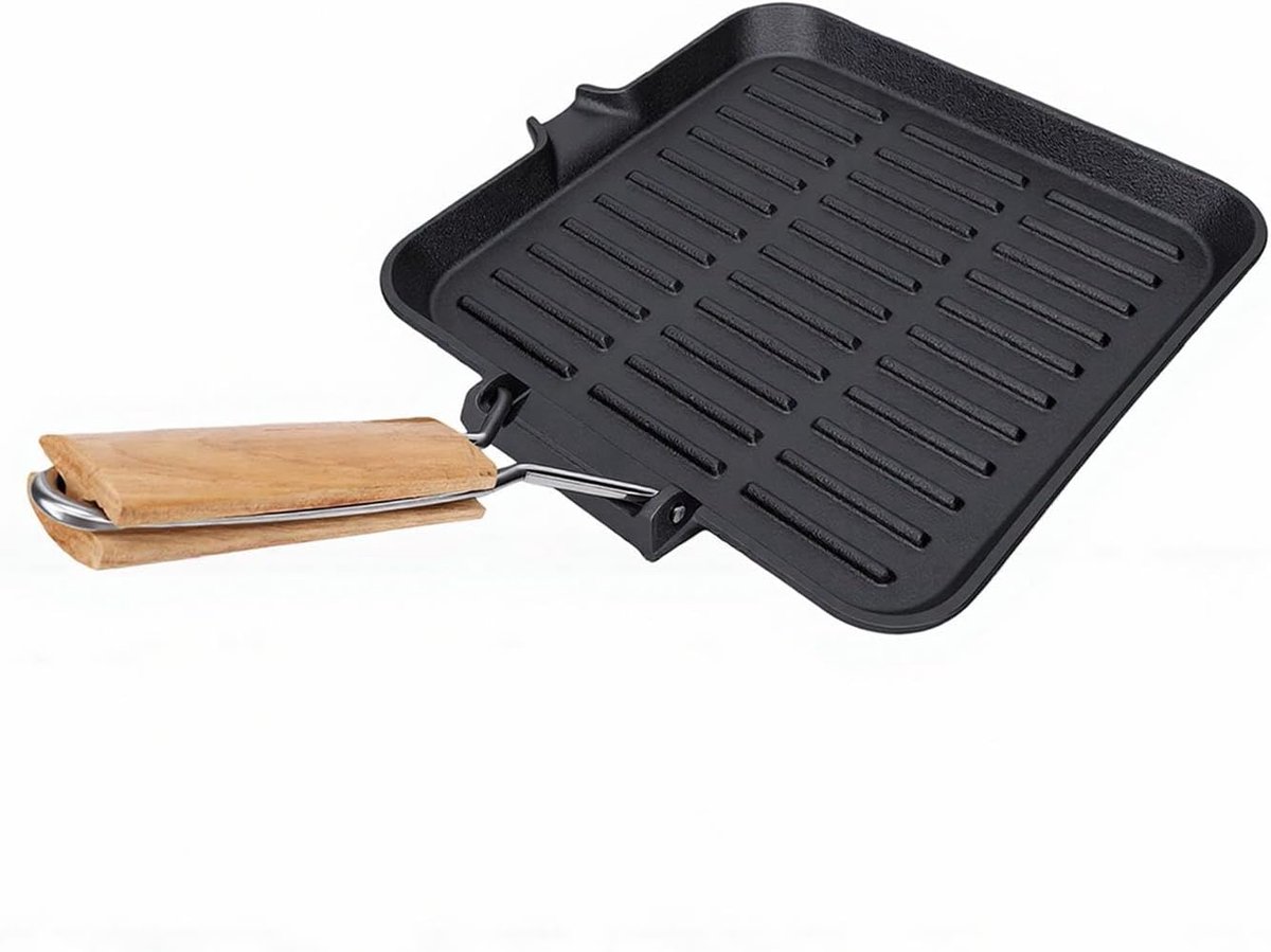 Gietijzeren Grillpan Koekenpan Vlees Grillen Opvouwbare Handgreep 26 cm Zwart